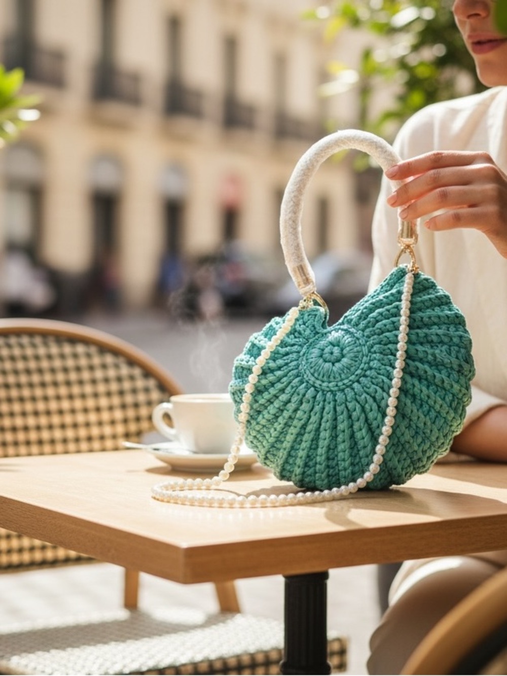 Handmade Woven Shell Turquoise Crochet Purse Pearl Strap Coastal Beach Bag